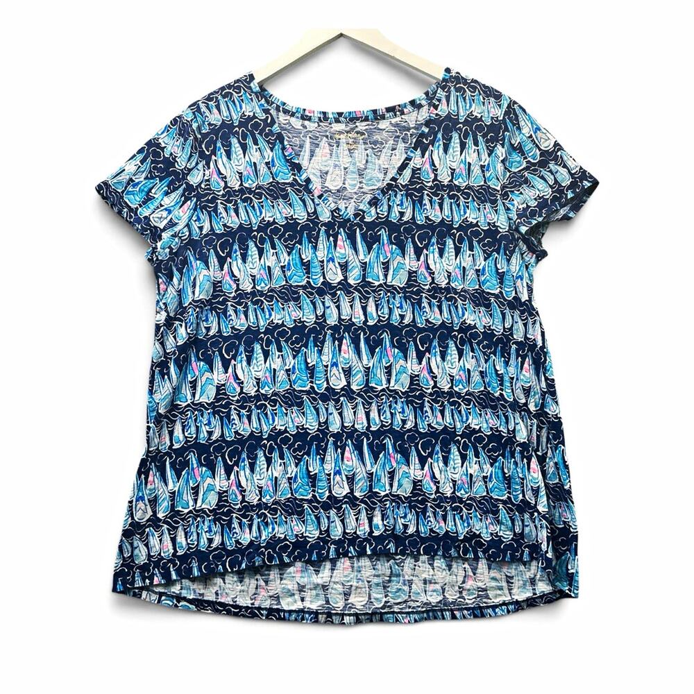 Lilly Pulitzer Nautical Sailboat Graphic Print Top Blue/White/Pink Scoop Neck